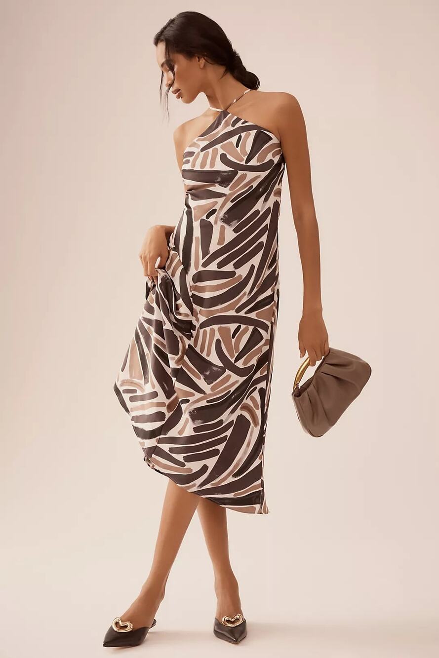 NWT By Anthropologie Halter Slip Midi Dress $158 SMALL Neutral Asymmetrical